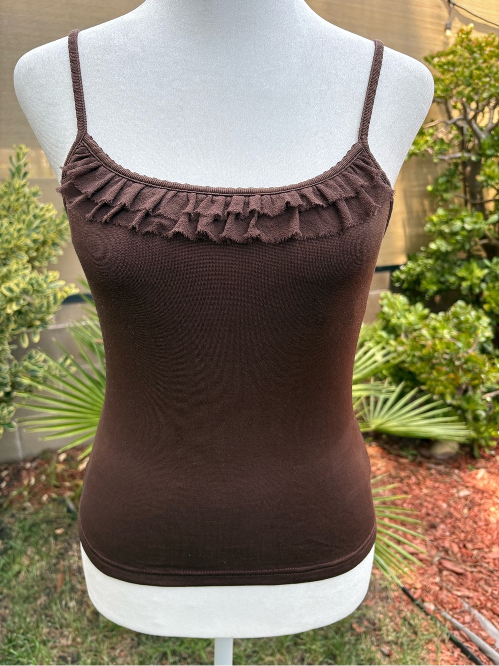 Brown Ruffle Trim Cami Tank Top Y2K Chocolate Brown Small